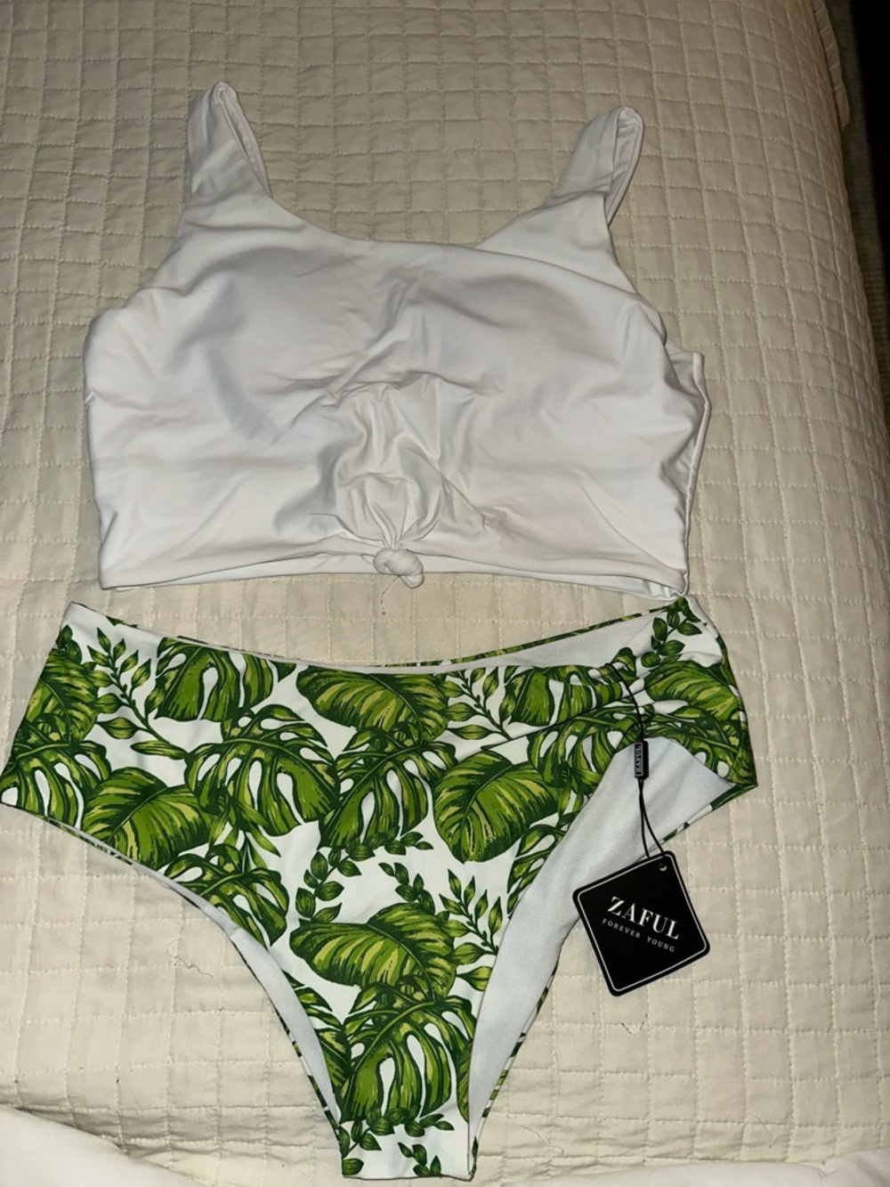Zaful White Crop Bikini Top with Green Leaf Print High-Waist Bottoms